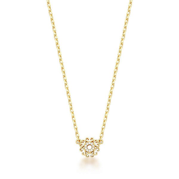 COLAR COM PINGENTE DE FLOR TRABALHADO E VAZADO BANHADO A OURO
