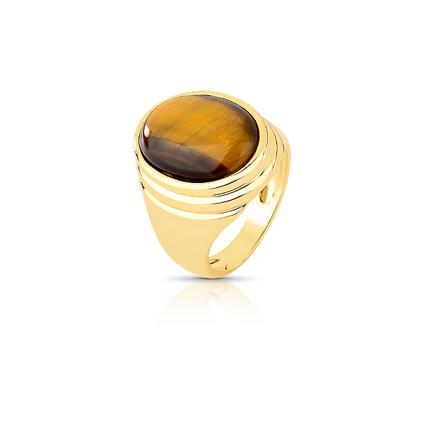 ANEL OVAL DE CRISTAL OLHO DE TIGRE BANHADO A OURO