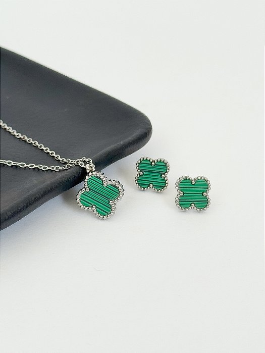 CONJUNTO  LUCK MALAQUITA EM AÇO INOX