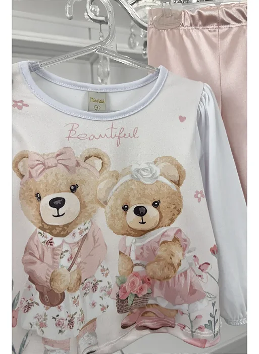 Conjunto infantil Ursinhos com calça legging rosa cintilante