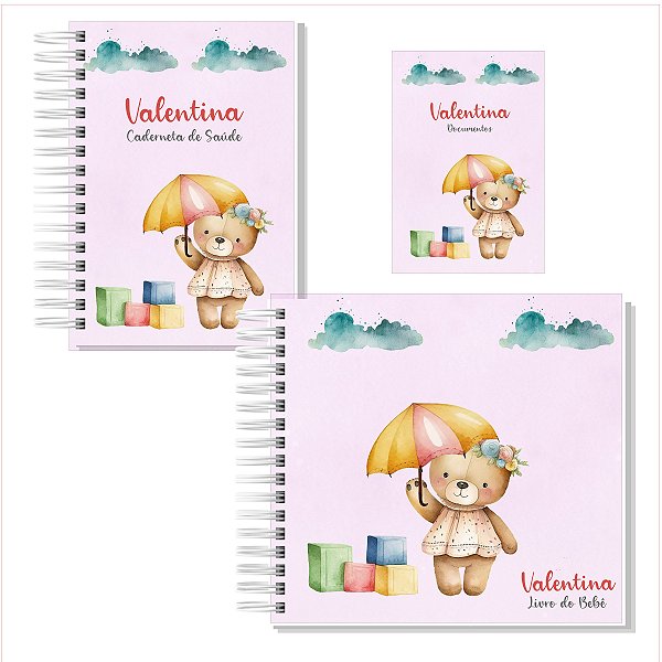 Kit Livro + Caderneta + Porta Documentos Ursinha Guarda-Chuva