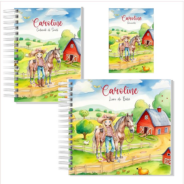 Kit Livro + Caderneta + Porta Documentos Fazendinha Menina