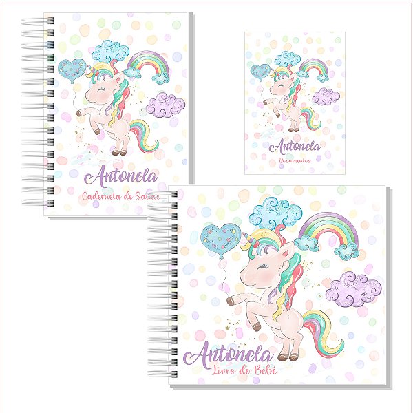 Kit Livro + Caderneta + Porta Documentos Unicórnio