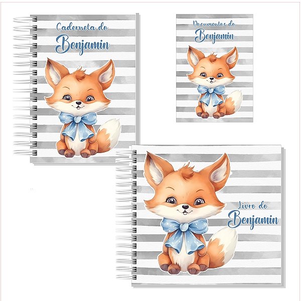 Kit Livro + Caderneta + Porta Documentos Raposinha Cinza Listras Menino