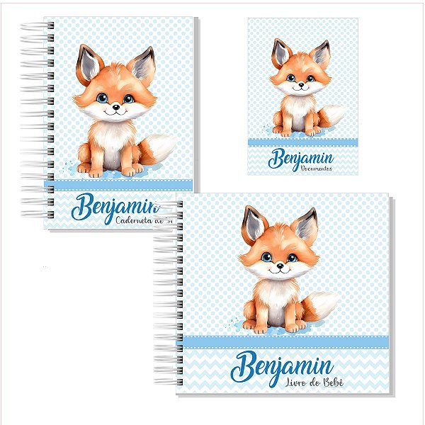 Kit Livro + Caderneta + Porta Documentos Raposinha Azul Claro Menino