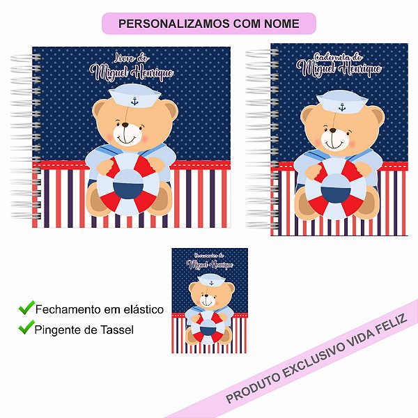 Kit Livro + Caderneta + Porta Documentos Urso Marinheiro Azul e Vermelho