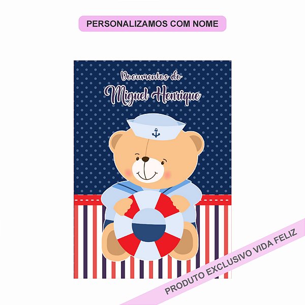 Porta Documentos Urso Marinheiro Azul e Vermelho