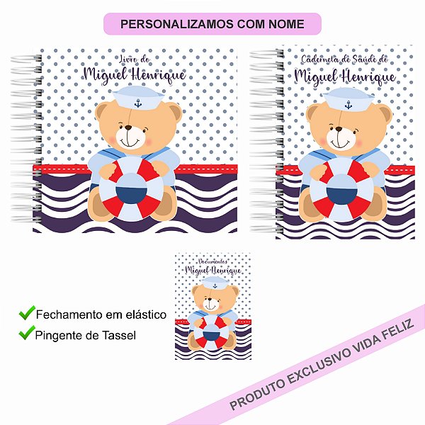 Kit Livro + Caderneta + Porta Documentos Urso Marinheiro Ondas