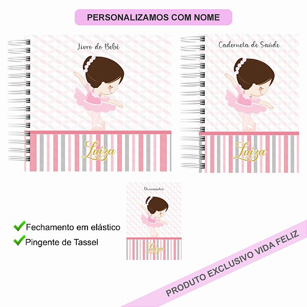 Kit Livro + Caderneta + Porta Documentos Bailarina Rosa e Cinza
