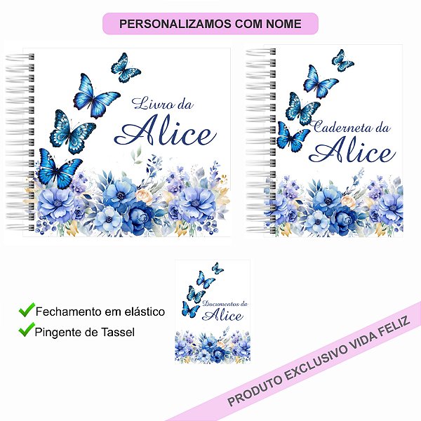 Kit Livro + Caderneta + Porta Documentos Borboletas Azul Jardim