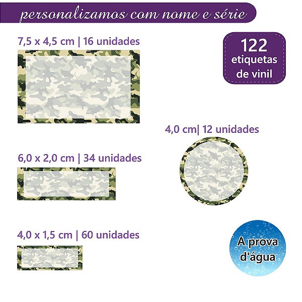 Kit 122 Etiquetas Escolares Personalizadas com Nome Camuflada