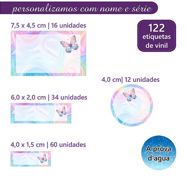 Kit 122 Etiquetas Escolares Personalizadas com Nome Borboleta