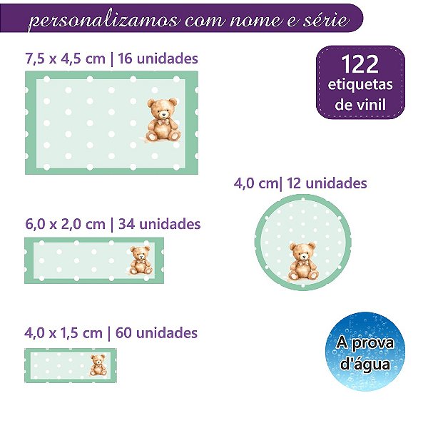 Kit 122 Etiquetas Escolares Personalizadas com Nome Ursinho