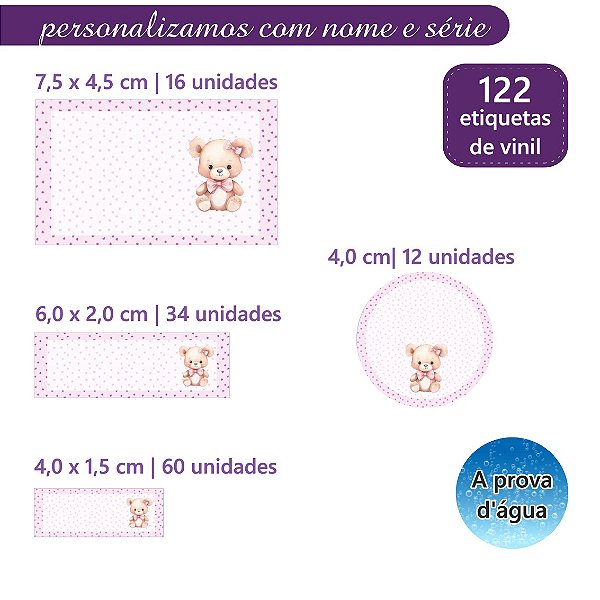 Kit 122 Etiquetas Escolares Personalizadas com Nome Ursinha Rosa
