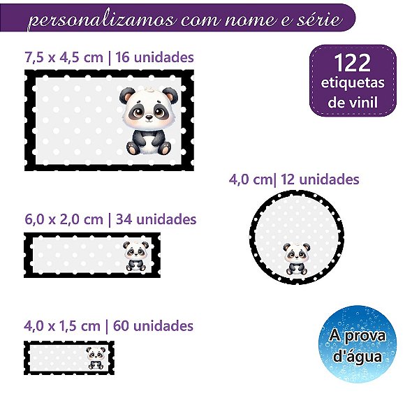 Kit 122 Etiquetas Escolares Personalizadas Panda