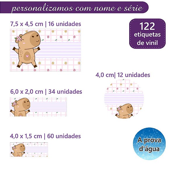Kit 122 Etiquetas Escolares Personalizadas Capivara Cute