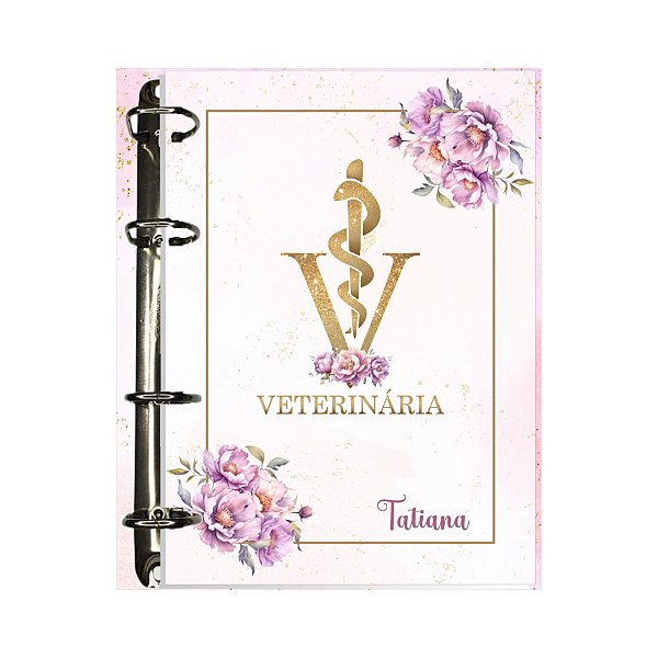 Fichário Personalizado Veterinária Dourado e Rosa Floral