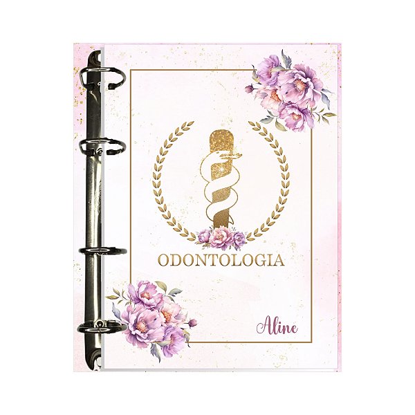 Fichário Personalizado Odontologia Dourado e Rosa Floral