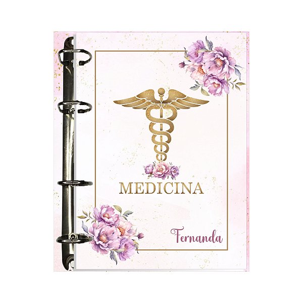 Fichário Personalizado Medicina Dourado e Rosa Floral