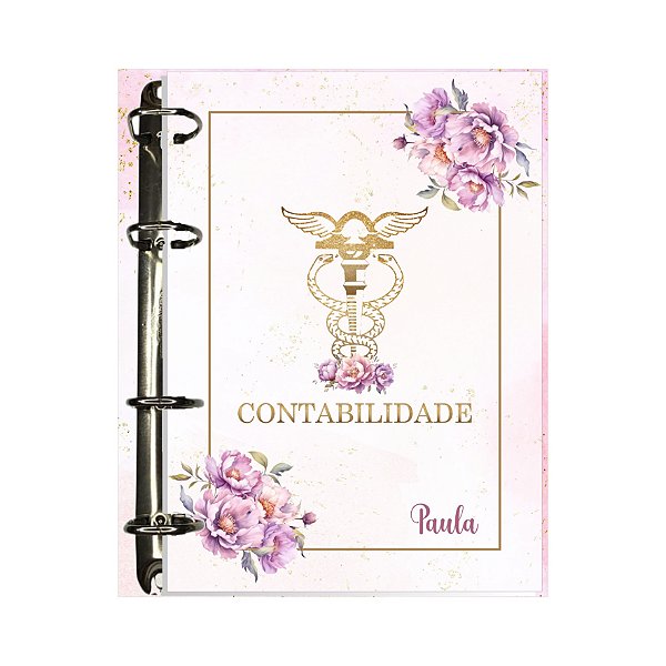 Fichário Personalizado Contabilidade Dourado e Rosa Floral