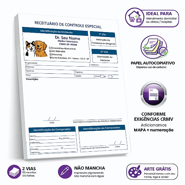 Receituário Controle Especial Veterinário Personalizado 2 Vias Numerado CRMV