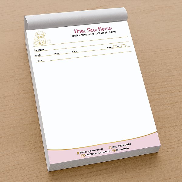 Receituário Veterinário Rosa e Dourado Personalizado