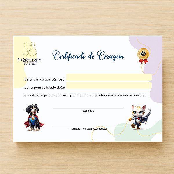 Certificado de Coragem Pet / Veterinário | Personalizado | VET100
