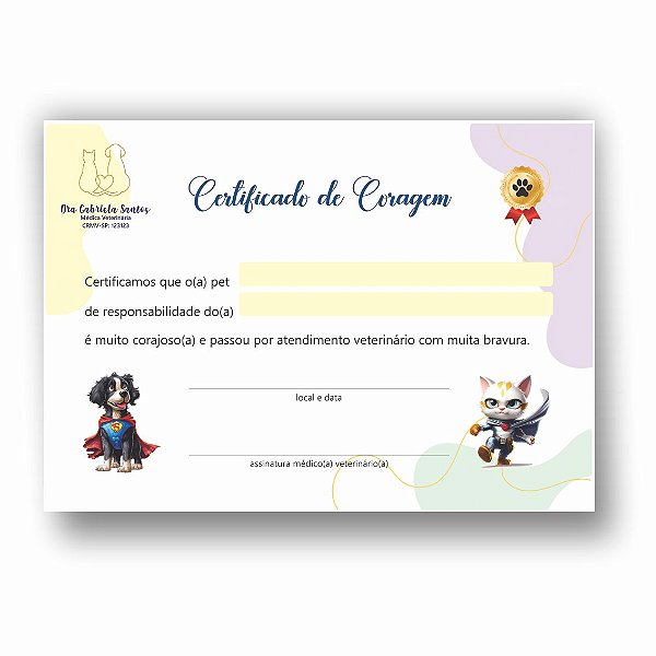 Certificado de Coragem Pet / Veterinário | Personalizado | VET100