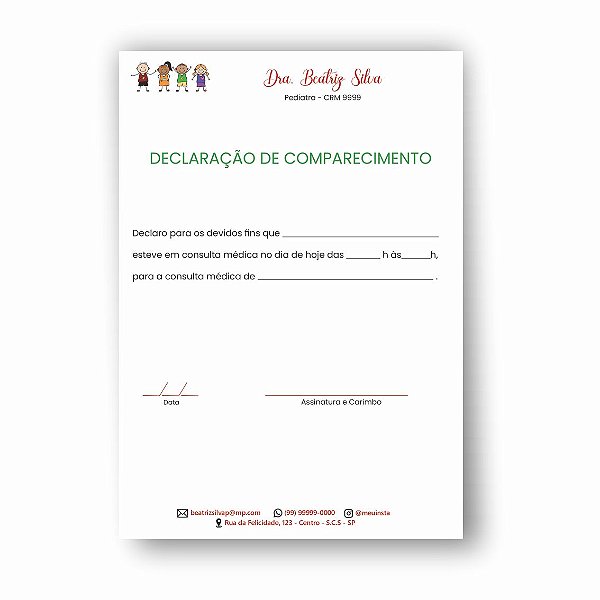 Declaração de Comparecimento | Pediatra | Personalizado | MP101