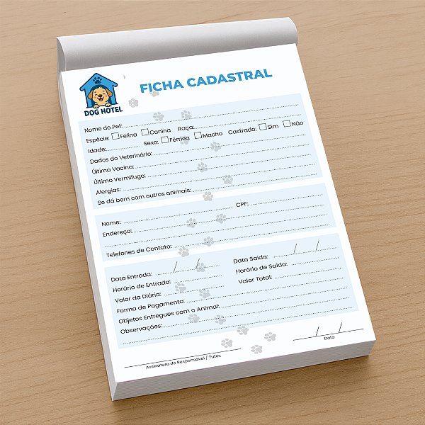 Ficha Cadastral Hotel Pet | Personalizada | Logo ou Marca | 14,8x21cm - 90g