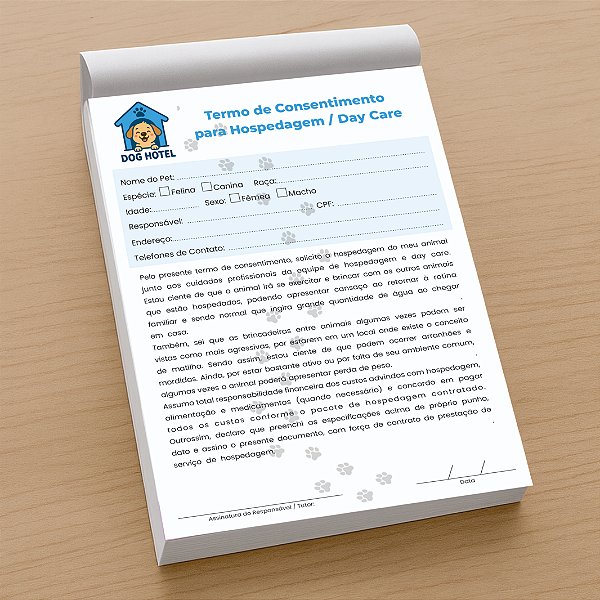 Contrato de Serviço Hotel Pet / Day Care | Personalizado | Logo ou Marca | 14,8x21cm - 90g