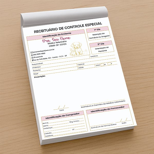 Receituário Controle Especial Veterinário Rosa e Dourado 2 vias