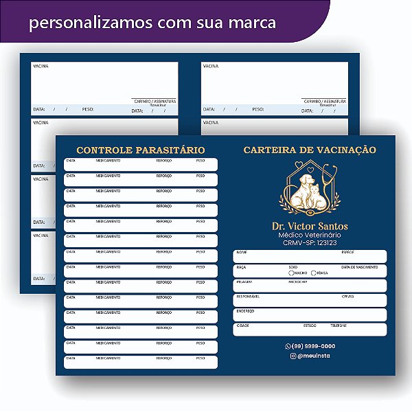 Carteira de Vacina Veterinário Azul Marinho e Dourada Simples