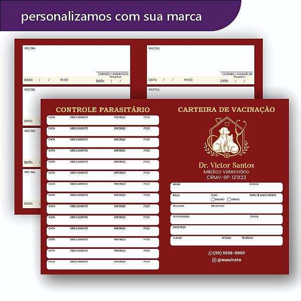 Carteira de Vacina Veterinário Vinho e Dourada Simples