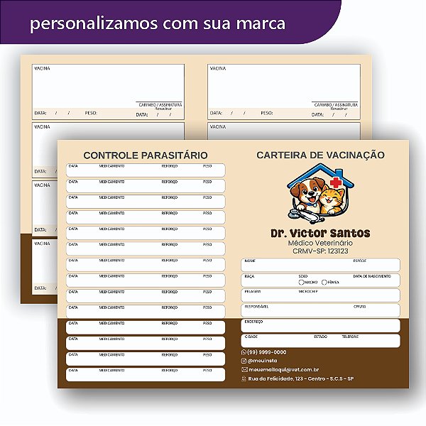 Carteira de Vacina Veterinário Neutra Beje Marrom Pequena