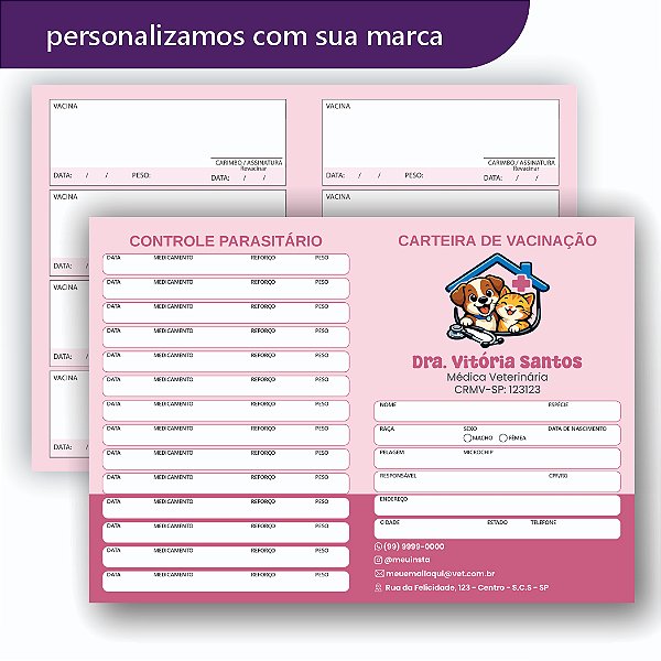 Carteira de Vacina Veterinário Rosa Pequena
