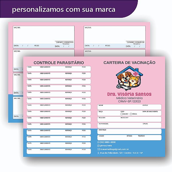 Carteira de Vacina Veterinário Rosa e Azul Simples