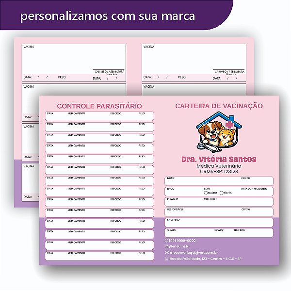Carteira de Vacina Veterinário Rosa e Lilás Simples