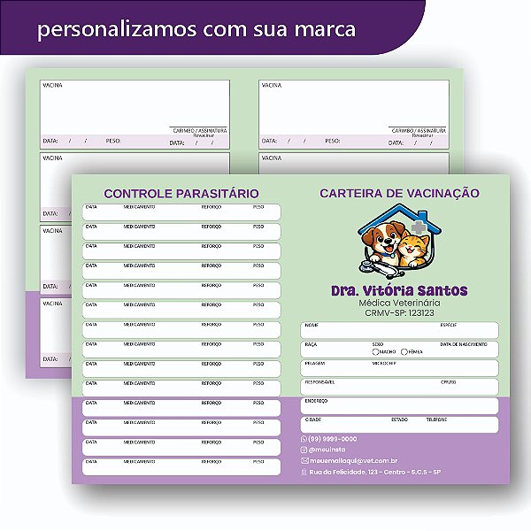 Carteira de Vacina Veterinário Verde e Lilás Simples