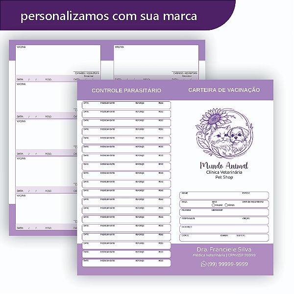 Carteira de Vacinação Veterinário Personalizada Lilás 1 dobra