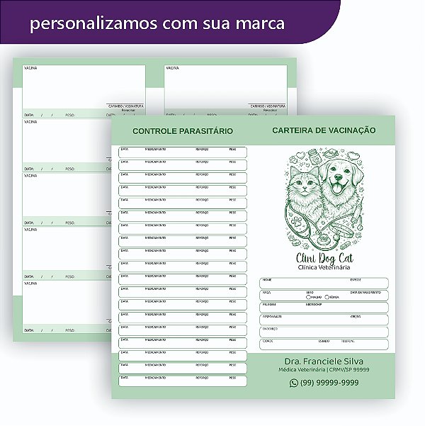 Carteira de Vacinação Veterinário Personalizada Verde 1 dobra