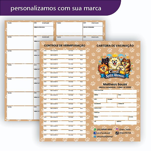 Carteira de Vacinação Veterinário Personalizada Beje Neutra Canil 1 dobra