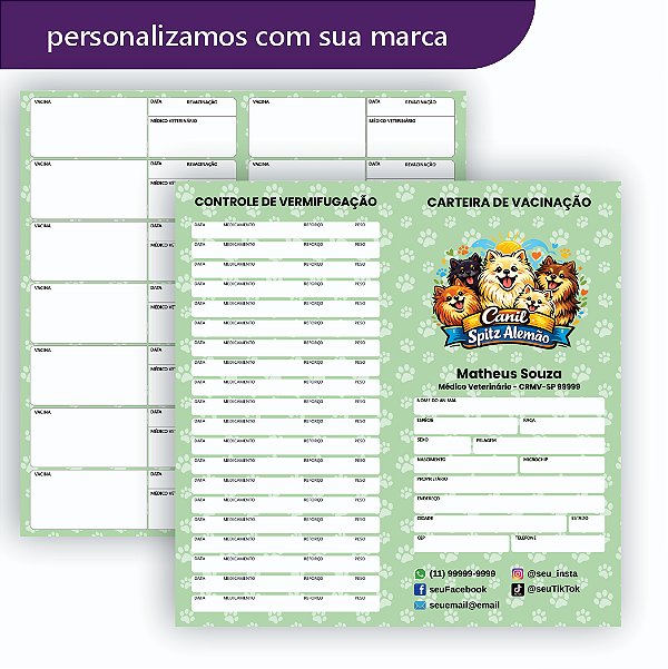 Carteira de Vacinação Veterinário Personalizada Verde Patinhas Neutra Canil