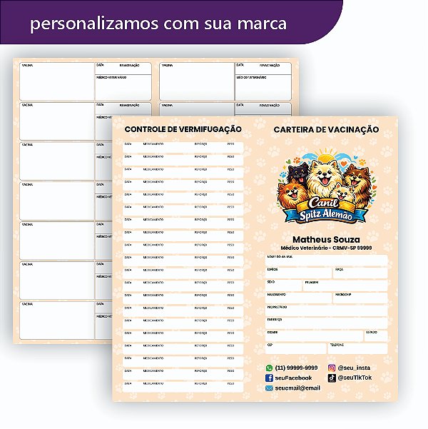 Carteira de Vacinação Veterinário Personalizada Creme Patinhas Neutra Canil