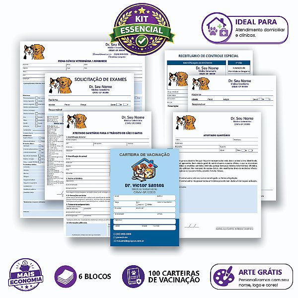 Kit Essencial para Veterinários Receituários + Atestados + Carteiras de Vacinação