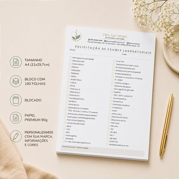 Solicitação de Exames Nutricionista Personalizado A4 | Linha Essence Premium