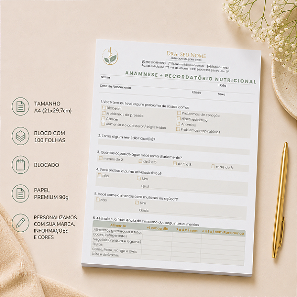 Anmnese Recordatório Nutricional Nutricionista Personalizado A4 | Linha Essence Premium