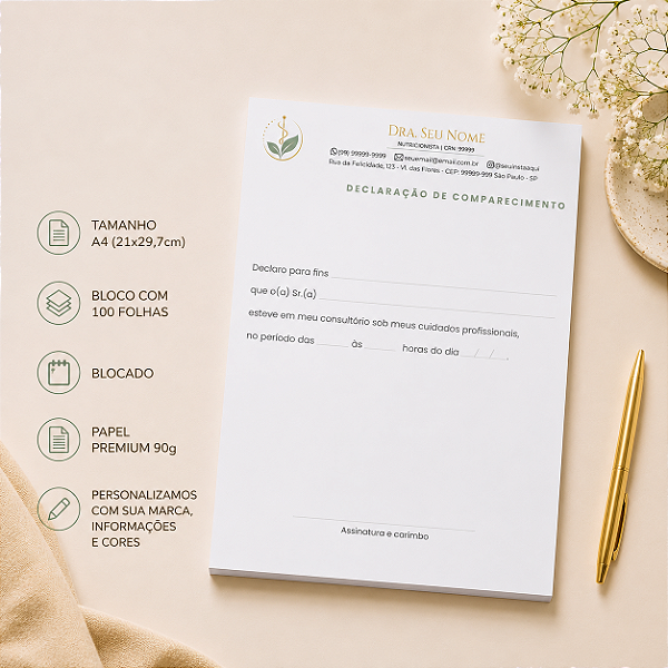 Declaração Comparecimento Nutricionista Personalizado A4 | Linha Essence Premium