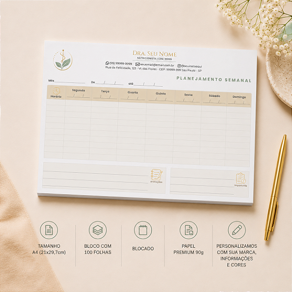 Planner Planejamento Semanal Nutricionista Personalizado A4 | Linha Essence Premium