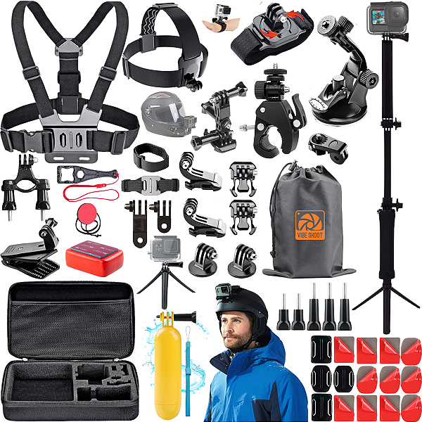 Kit Aventura Bastão 3 Way Mosquetão Capacete Gopro Hero 7 8 9 10 11 Black